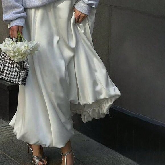 Beige Casual Women's Satin Pleated Bubble Long Skirt - Picture 7 of 13